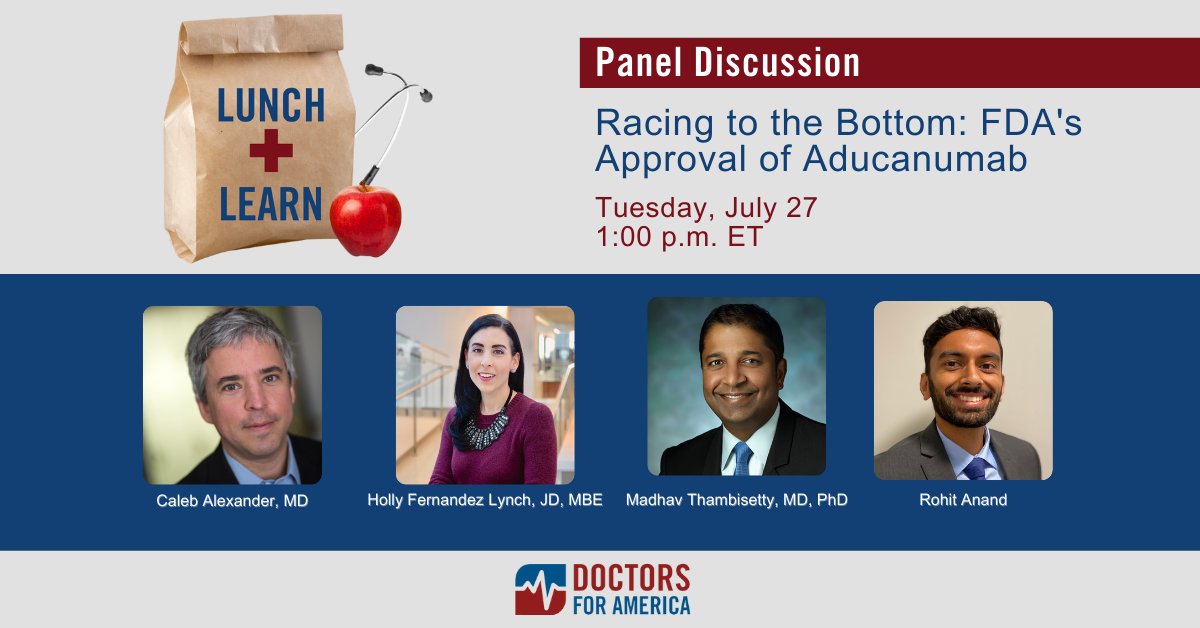 🔥 Hot topic: tomorrow we'll discuss the recent <a href="/US_FDA/">U.S. FDA</a> approval of #aducanumab with <a href="/US_FDA/">U.S. FDA</a> AdComm members, Drs. Caleb Alexander and <a href="/MadhavThambiset/">Madhav Thambisetty</a> (<a href="/HopkinsMedicine/">Johns Hopkins Medicine</a>) &amp; bioethicist/lawyer <a href="/HollyLynchez/">Holly Fernandez Lynch</a> (<a href="/PennMEHP/">UPenn Medical Ethics & Health Policy</a>) and <a href="/ro_anand/">Rohit Anand, MD</a>. Grab a seat: bit.ly/LunchAndLearn0…