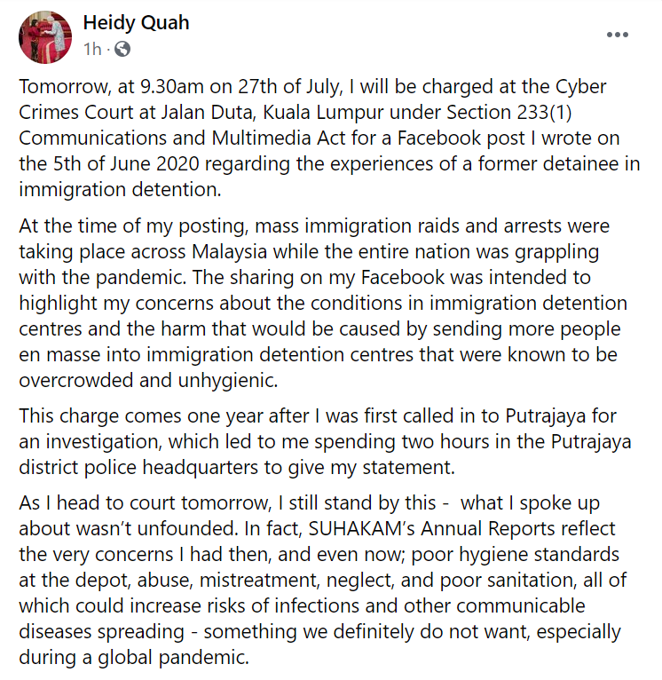 NewsBFM's tweet photo. Activist Heidy Quah will be charged on July 27 for an FB post she made more than a year ago about conditions at immigration centres.

She said it's unfortunate Putrajaya's resources are spent on investigating her when it should be focused on Parliament, the pandemic &amp; the people. https://t.co/d4egDanBPk