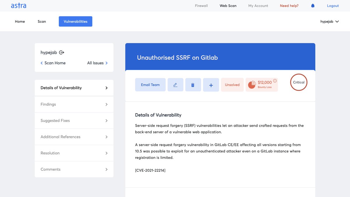 shikhilsharma's tweet photo. A critical SSRF vulnerability was uncovered in @gitlab that potentially allowed hackers to steal passwords/cloud services credentials.
Astra's vulnerability scanner is now detecting this vulnerability 🙌
#securityscan #pentest https://t.co/4937H4o56m