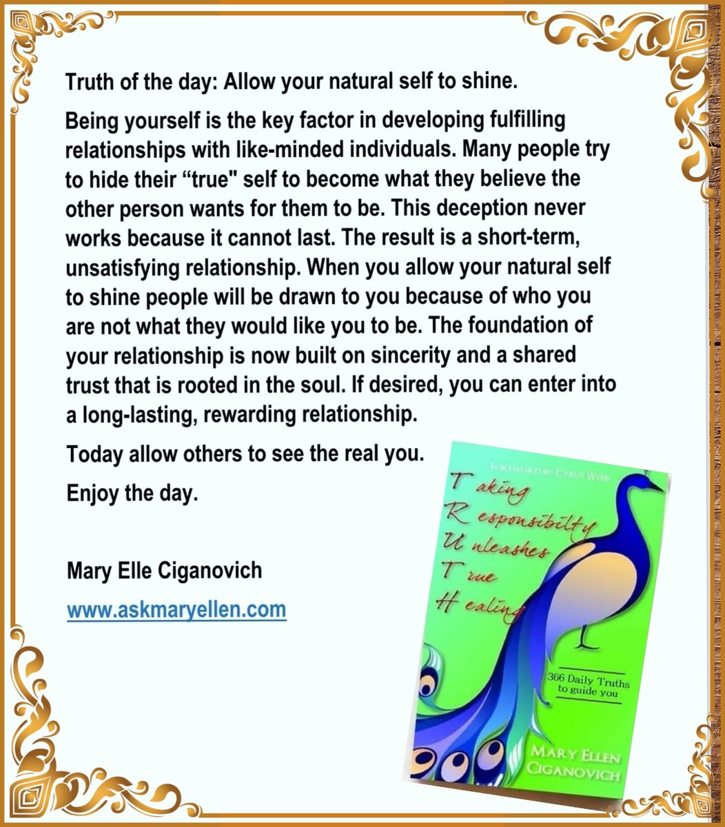 askmaryellen's tweet photo. Truth of the day: Allow your natural self to shine. #truthoftheday #askmaryellen #MondayMotivation #mindfulnessmoment #encouragingwomen #intelligentwisdom #mindfulnesscoach #encouragingwords #inspiringwomen #encouragingwomen #sharedtrust https://t.co/bEW829NCNw