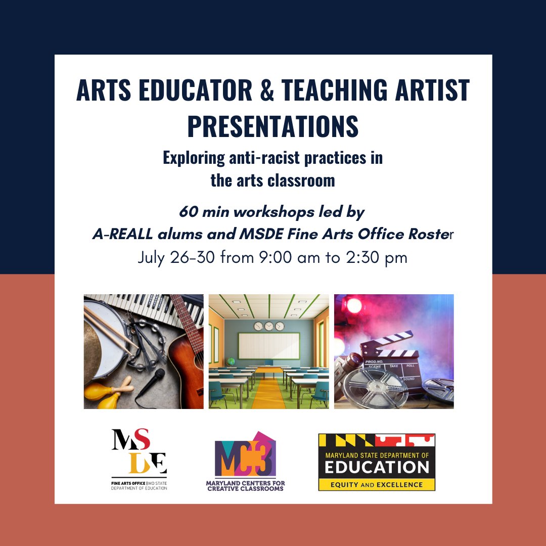 wideangleym's tweet photo. @msdefinearts' Anti-Racism & the Arts Week starts TODAY! Read more and register for these FREE courses at: https://t.co/DmJI47uq8k #MC32021 #mdartsunite #msdefinearts #aems #areall https://t.co/9osZMcX0XL