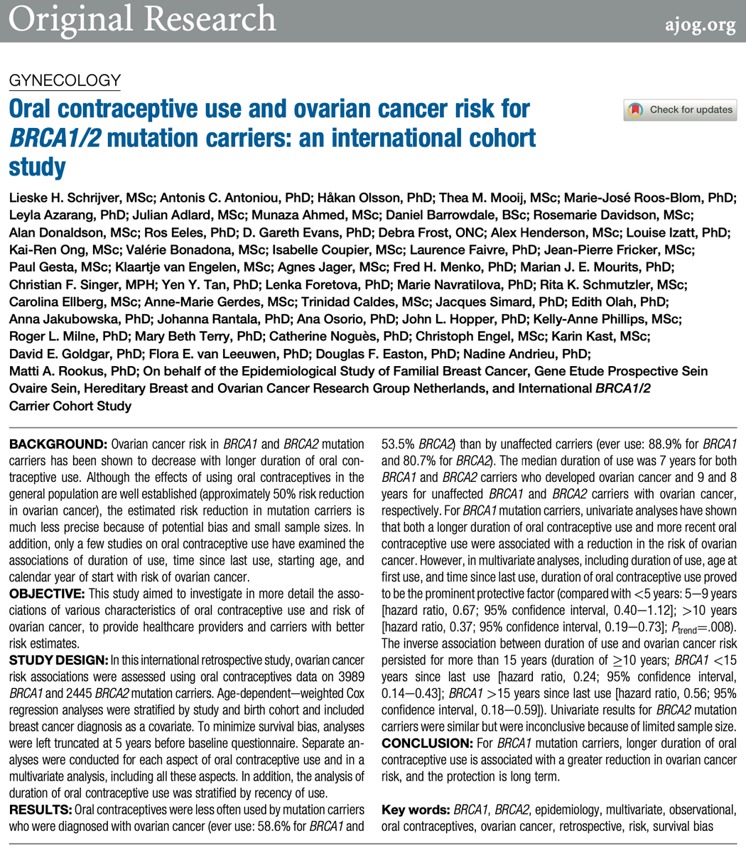 AJOG_thegray's tweet photo. Oral contraceptive use and ovarian cancer risk for BRCA1/2 mutation carriers: an international cohort study https://t.co/Wx2UL2Tge2 https://t.co/rhLKbnScRe