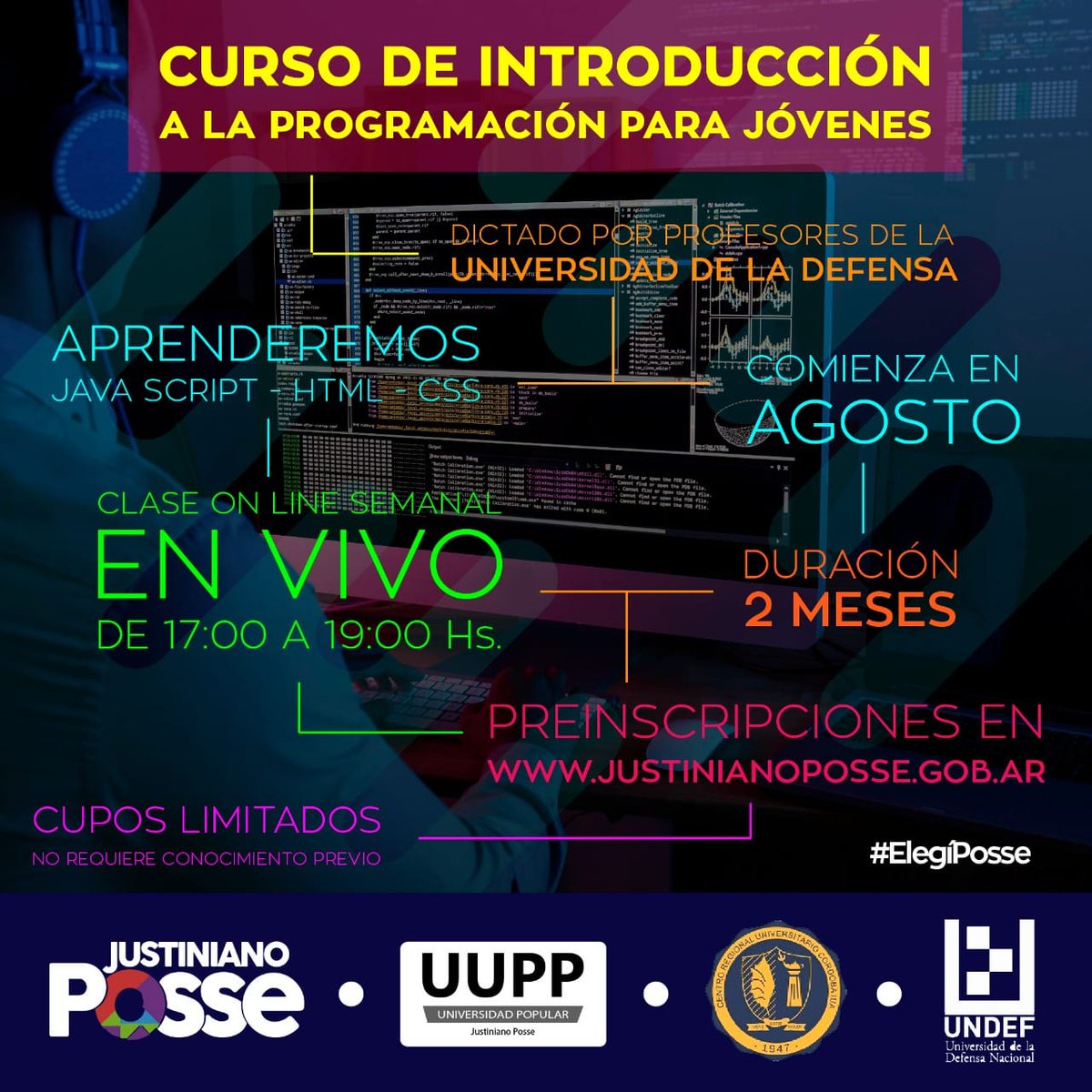 En agosto comienza un nuevo curso de la UUPP: "INTRODUCCIÓN A LA PROGRAMACIÓN" 🖥️ , dictado por profesores 🎓 de la Universidad de la Defensa.
➡️ Pre-Inscripciones abiertas.
Completá el formulario en justinianoposse.gob.ar para recibir más información ✅
No te lo pierdas! 🙌🏻