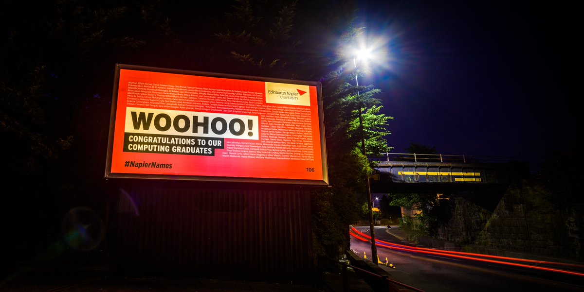 EdinburghNapier's tweet image. It features the names of recent #EdNapier graduates on billboards, bus stops, a classic Edinburgh taxi and even a tram in tribute to all who were unable to receive their degree at the Usher Hall because of the pandemic.