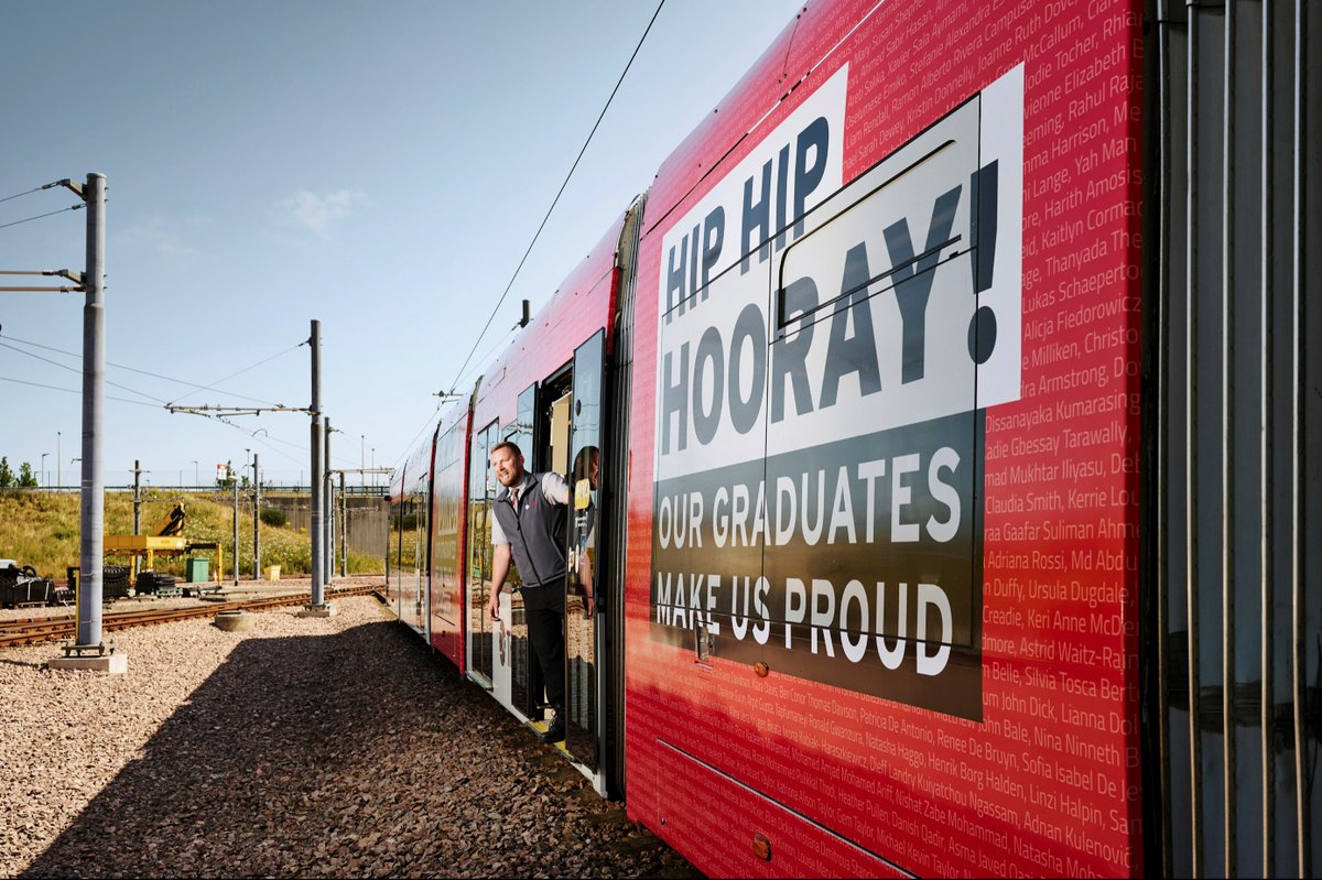 EdinburghNapier's tweet image. It features the names of recent #EdNapier graduates on billboards, bus stops, a classic Edinburgh taxi and even a tram in tribute to all who were unable to receive their degree at the Usher Hall because of the pandemic.