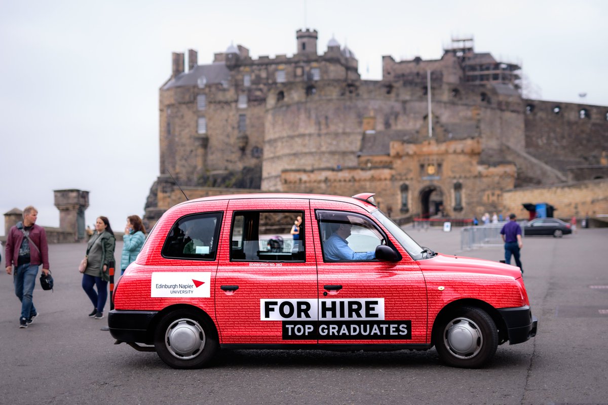 EdinburghNapier's tweet image. It features the names of recent #EdNapier graduates on billboards, bus stops, a classic Edinburgh taxi and even a tram in tribute to all who were unable to receive their degree at the Usher Hall because of the pandemic.
