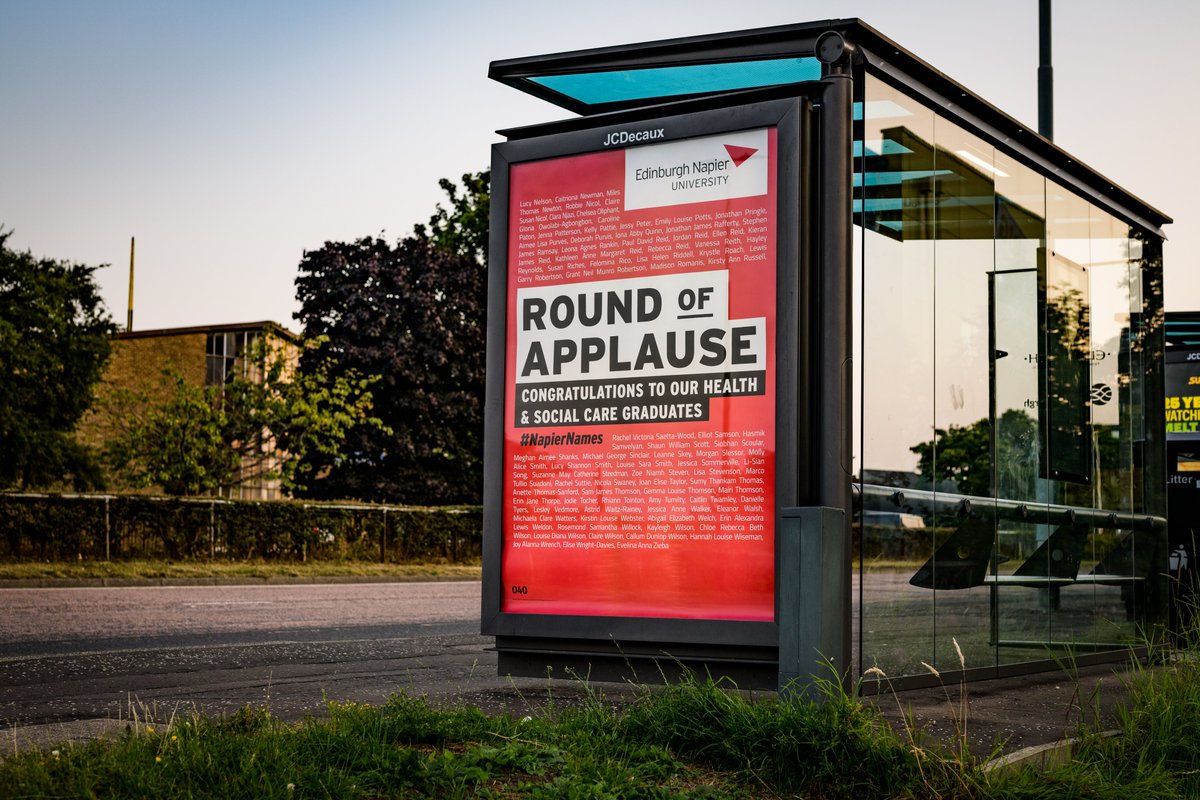 EdinburghNapier's tweet image. It features the names of recent #EdNapier graduates on billboards, bus stops, a classic Edinburgh taxi and even a tram in tribute to all who were unable to receive their degree at the Usher Hall because of the pandemic.