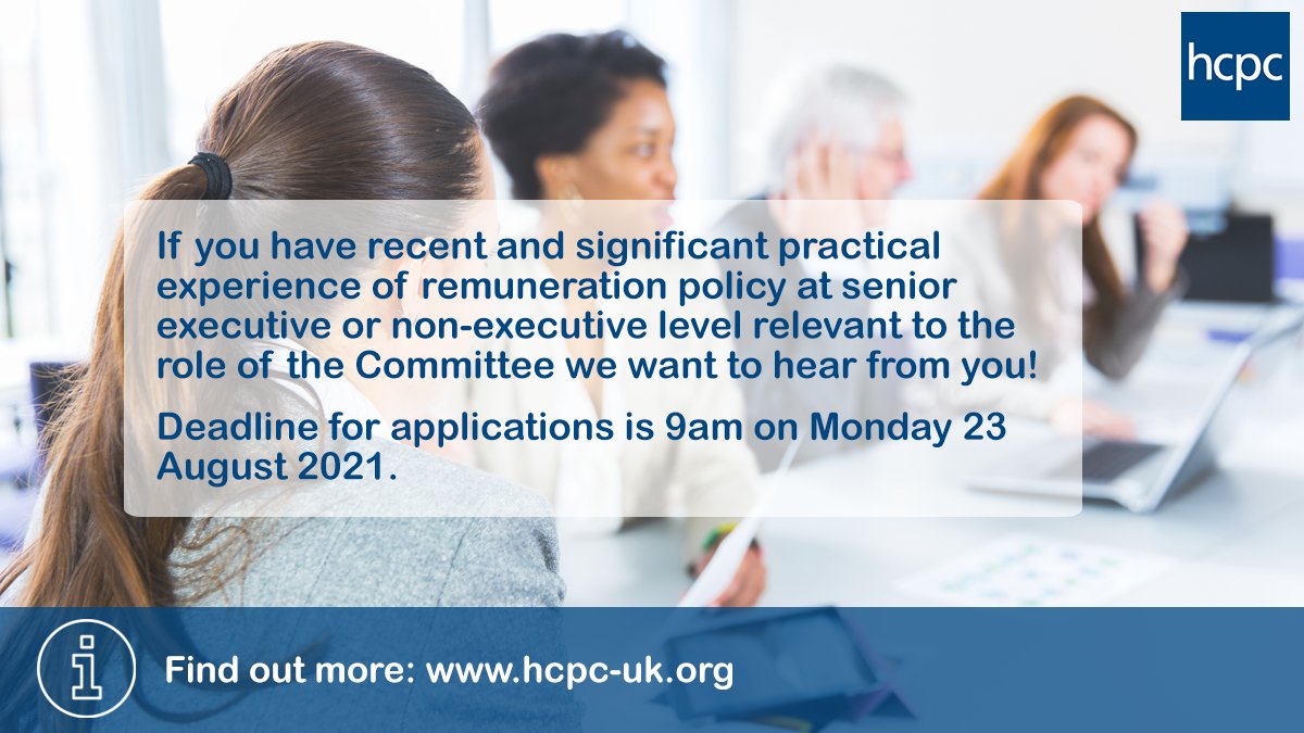 The_HCPC's tweet photo. Are you interested in becoming a committee member at the HCPC? We are seeking to appoint an Independent Member of our Remuneration Committee. For more information and how to apply:  🔗 https://t.co/8XNLFPEQB2 https://t.co/jbjHgB4Yvz