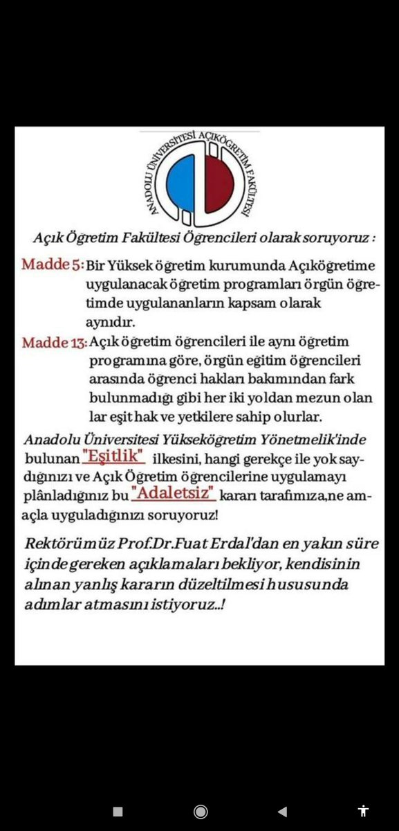 Okul yönetmeliğinde yer alan 5.madde ve 13.madde'yi es geçerek, uyguladığınız tutumun sebebi nedir? Neden eşit kararlar uygulanmamaktadır? #acikogretimhakkiniariyor <a href="/ProfFuatErdal/">Fuat Erdal</a> <a href="/yekta_sarac/">Prof. Dr. M. A. Yekta Saraç</a> <a href="/Anadolu_Univ/">Anadolu Üniversitesi</a> <a href="/AOFAnadolum/">Anadolu Üniversitesi Açıköğretim Sistemi</a> <a href="/atauni1957/">-</a> <a href="/rektorcomakli/">Ömer Çomaklı</a>