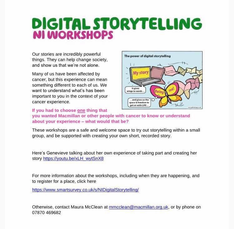 MoveMoreNI's tweet image. Macmillan have opened their 3rd round of digital storytelling workshops in NI &amp;amp;would love you to join them. Its a great opportunity to explore &amp;amp; talk about the things that are or were important to you.
smartsurvey.co.uk/s/NIDigitalSto… or contact Maura McClean at mmcclean@macmillan.org.uk