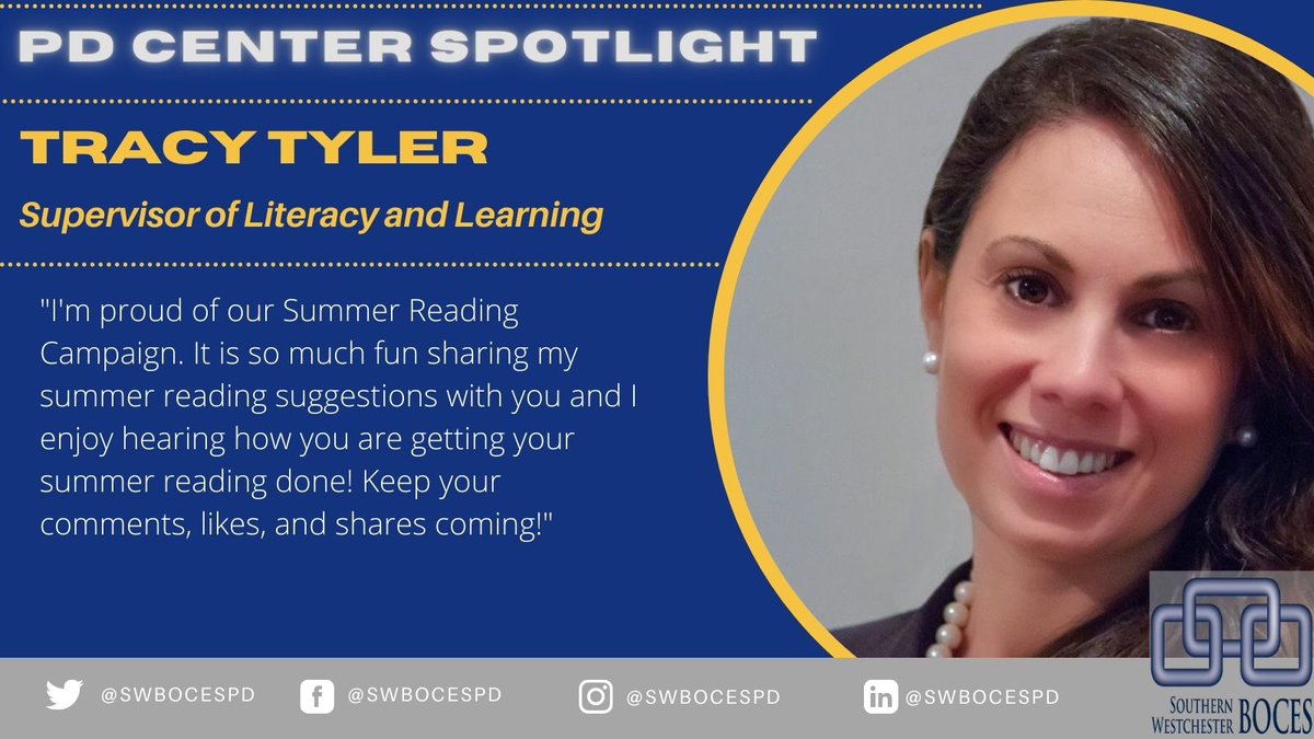 swbocesplcs's tweet photo. Happy Monday! This morning we shine the spotlight on the Supervisor of Literacy and Learning Tracy Tyler! Click here to learn more: https://t.co/OxGLFy1IGG
#swbocespd #PDSpotlight #Improud #SummerReading https://t.co/qN6DriKtol