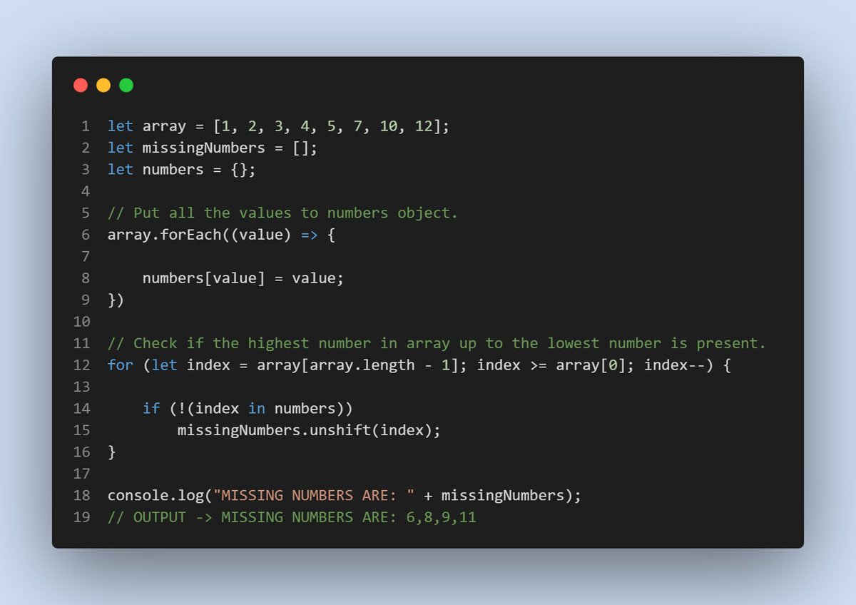 NadsMarcelo's tweet photo. Day 2 of #100DaysOfCode
I just created this problem about finding missing numbers in a sorted array.
What I did is do some like hashing techniques similar to what I know in Java.
#CodeCodeCode
#Programming https://t.co/ulUjzkusHO