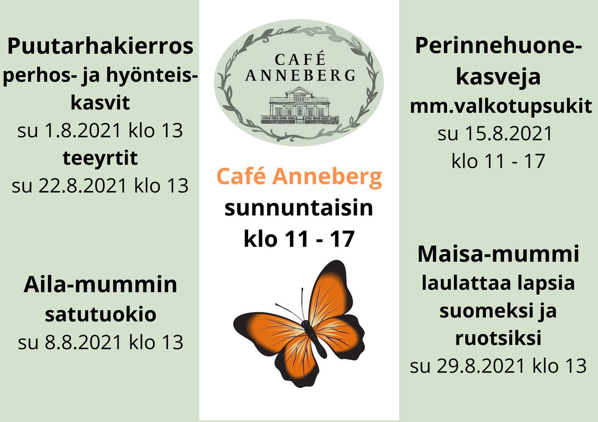 annalanhuvila's tweet photo. Annalan huvilan elokuun sunnuntaikahviloiden oheisohjelmat on julkistettu. #CafeAnneberg #Annalanhuvila #puutarhakierrokset #satutuokio #laulujalapsille #perinnehuonekasvit https://t.co/A5T7aTMcXu