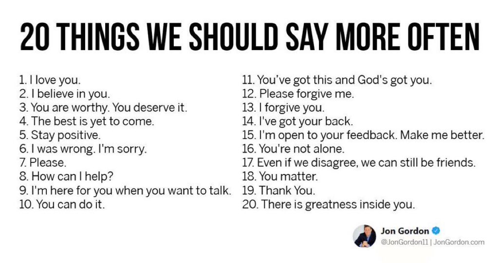 The words we speak matter. That’s why I believe we need to speak words of truth  and hope not only to ourselves but to others as well. Here are 20 things we should say more often if we want to make the world more positive: