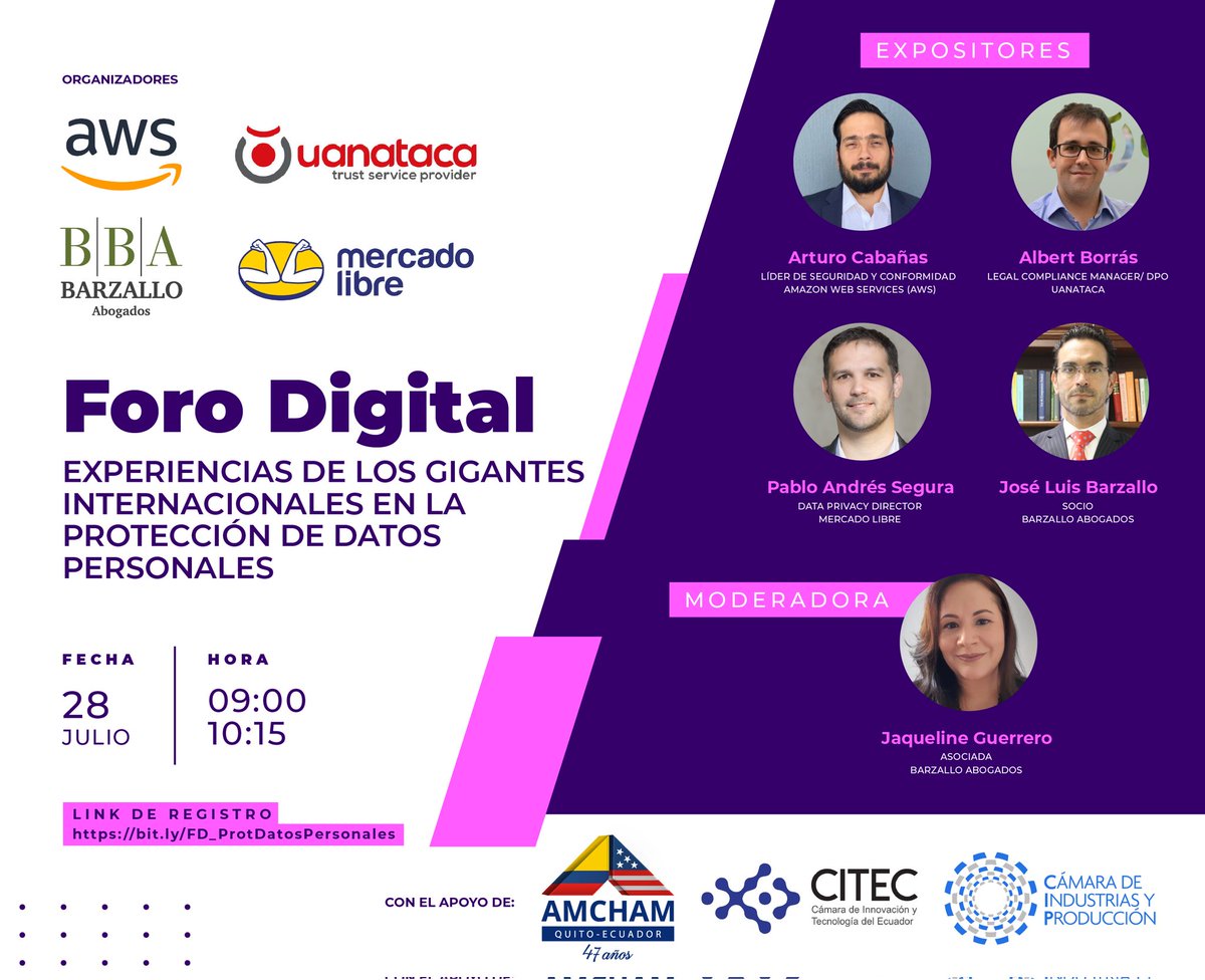 Están invitados al “Foro Digital Experiencia de los Gigantes Internacionales en la Protección de Datos”, a realizarse el 28 de julio  a partir de las 09h00. Para conocer como se organizan las grandes empresas internamente.
 Registro:  bit.ly/FD_ProtDatosPe…