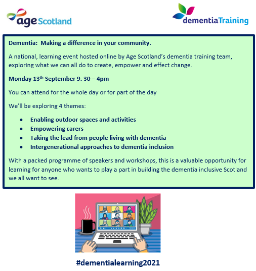 AgeScotDementia's tweet photo. The @agescotland #dementia training team is hosting a national day of learning online. 13th September 2021 - 9.30 - 4pm. Come for all or part of the day. Participation is free. Book your place here: https://t.co/EDp6AktJDm
Please retweet to spread the word!
#dementialearning2021 https://t.co/nHe5tnerUa