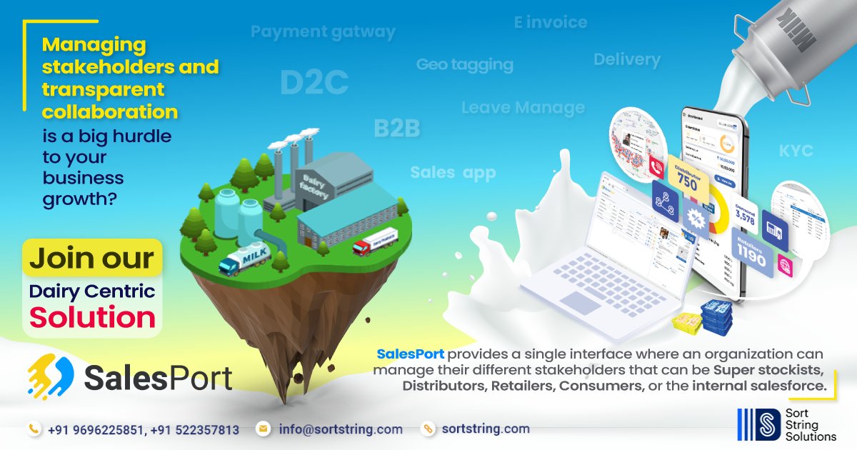 Sales_Port1's tweet photo. Managing stakeholders and transparent collaboration
is a big hurdle to your business growth?
We are providing one-stop solutions for D2C, B2B, and SFA needs. for more details visit our website https://t.co/51wSqpOt2D or call us at +91-9696225851.#D2C #B2B #SFA #SortString https://t.co/ex85uewSbr