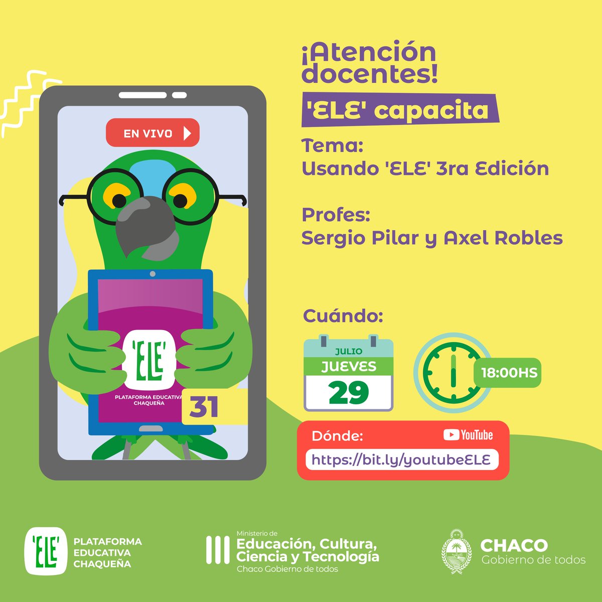 ELEChaco's tweet photo. ¡Atención docentes!
El jueves 29/7 a las 18 hs nos encontramos en una nueva edición de 'ELE' Capacita para conocer en detalle el curso Usando 'ELE' 3ra Edición, de la mano de los profes Axel Robles y Sergio Pilar. 
Los esperamos en https://t.co/n2qHRaR38c
#ELErning #edudigital https://t.co/MOITjRH2cB