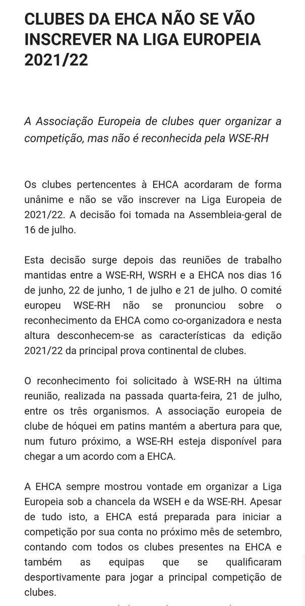 Los clubes de la #EHCA acuerdan no inscribirse a la #LigaEuropea 2021/22

Clubes da EHCA não se vão inscrever na #LigaEuropeia 2021/22