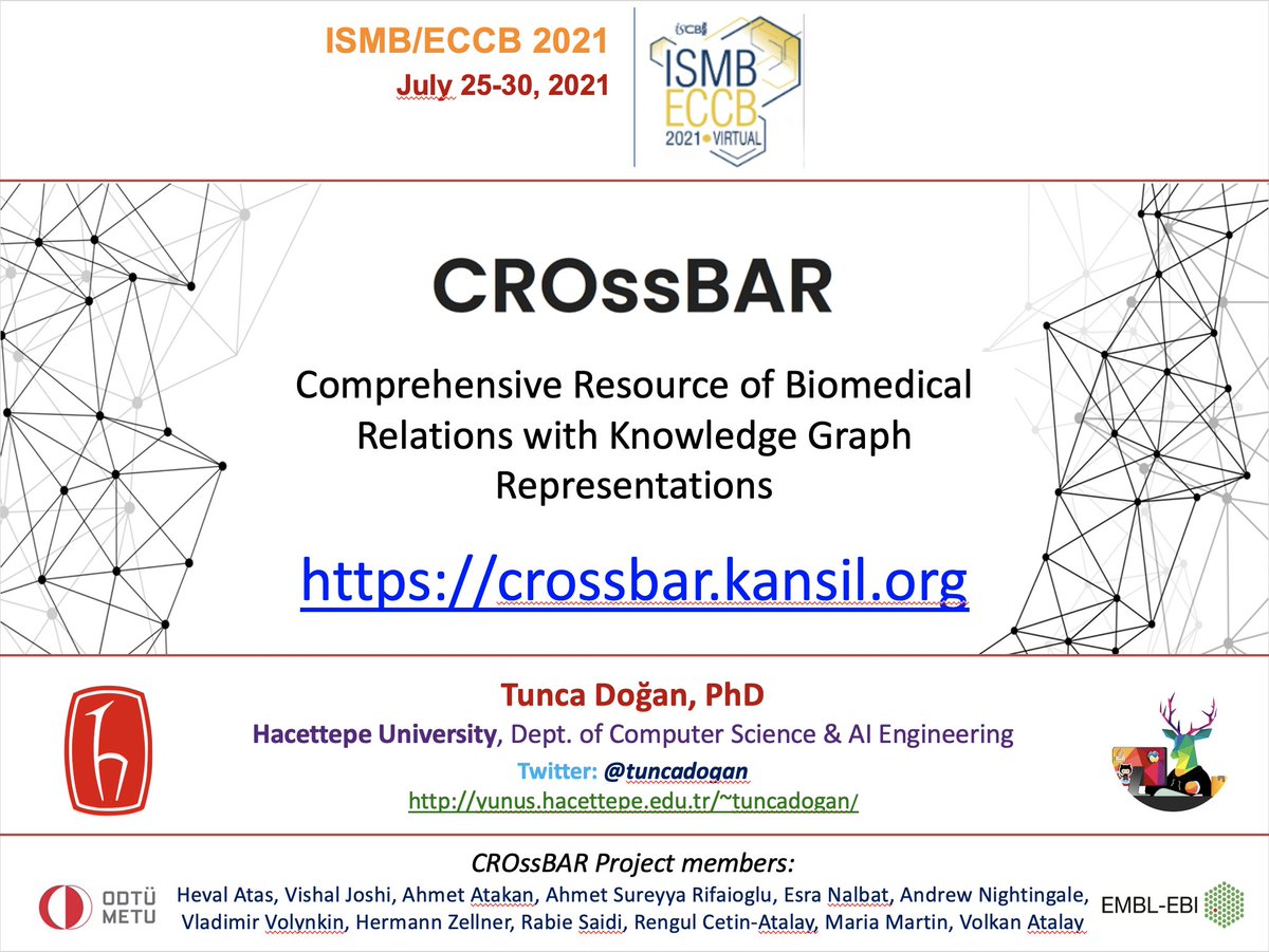 tuncadogan's tweet image. ISMB/ECCB 2021 conf. has started with great talks!

We&apos;ll be presenting our method/tool for on-the-fly heterogeneous biomedical data integration/representation w/ knowledge graphs (CROssBAR) 

on Tuesday July 27 at 11:40 UTC (13:40 CEST, 14:40 TurkeyTime) #NetBio COSI #ismbeccb21