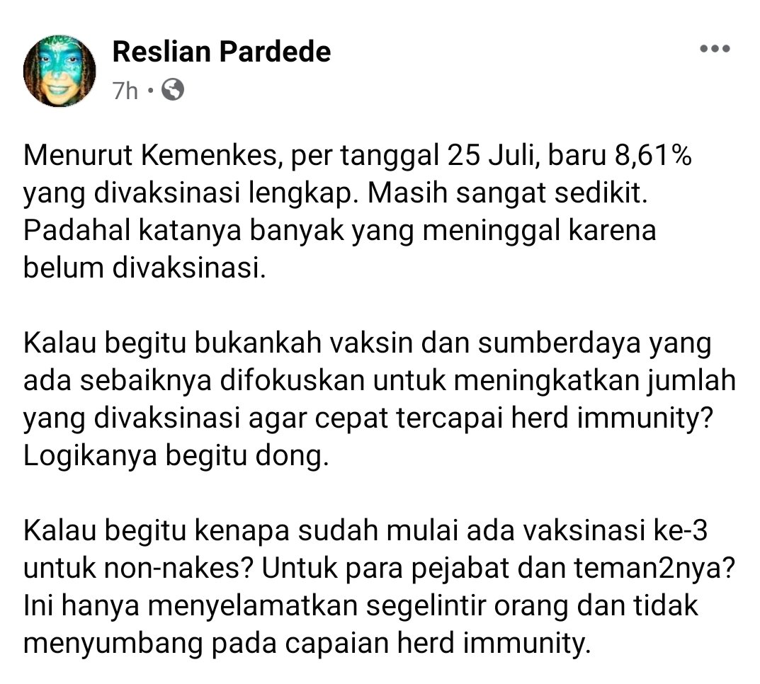 Pak <a href="/jokowi/">Joko Widodo</a> Apakah memang sudah diperbolehkan vaksinasi ke-3 untuk non-nakes? Bukankah total vaksinasi baru mencapai 8,6% (per 25 Juli)? Kalau tidak boleh, kenapa ada yang sudah vaksinasi ke-3? Jatah pejabat kah? <a href="/KemenkesRI/">Kementerian Kesehatan RI</a> #Vaksin