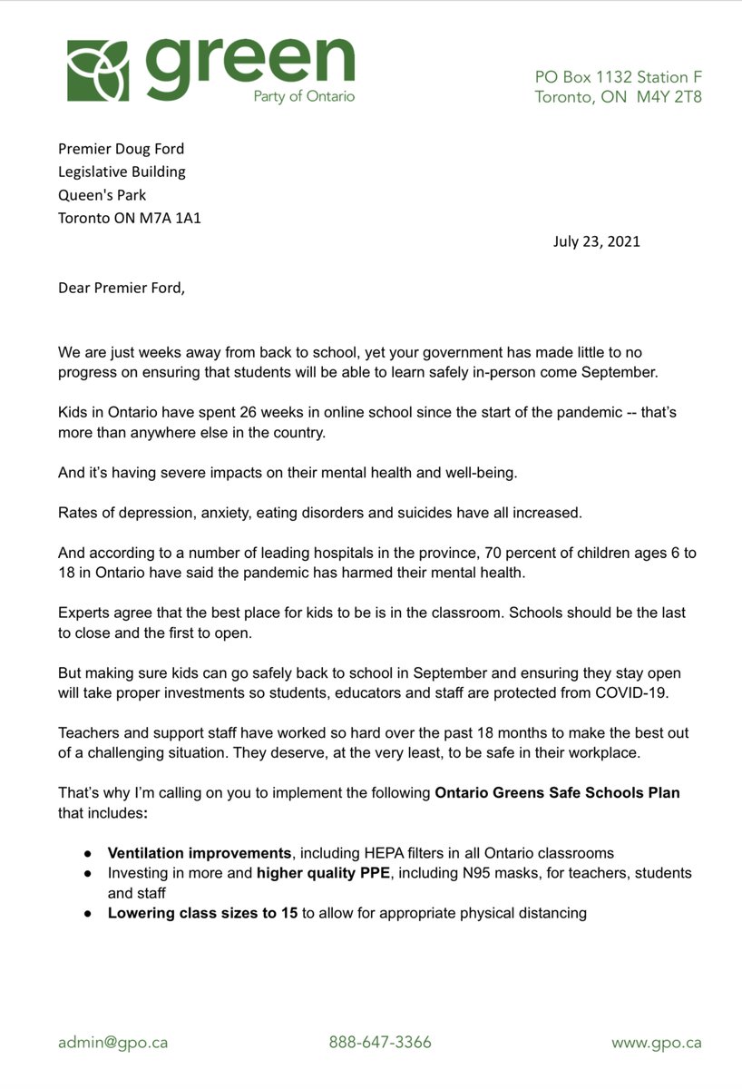 MikeSchreiner's tweet photo. With just a few weeks left to go, there’s been no progress from the Ford govt on a safe return for students.
I sent an open letter to Premier Ford and Minister Lecce outlining where Greens stand on a safe return to school this fall.
Let’s make kids a priority.
#onted #onpoli https://t.co/fWM48479QN
