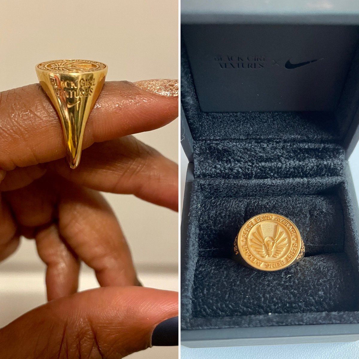 theomibell's tweet photo. The BGV x Nike Championship ring. For all of the business athletes working your business out everyday you got this! Decision Making Monday! What decisions are you making today? #justkeepswimming #resistbeingaverage #iamshellybell https://t.co/RF5HLcQG2o