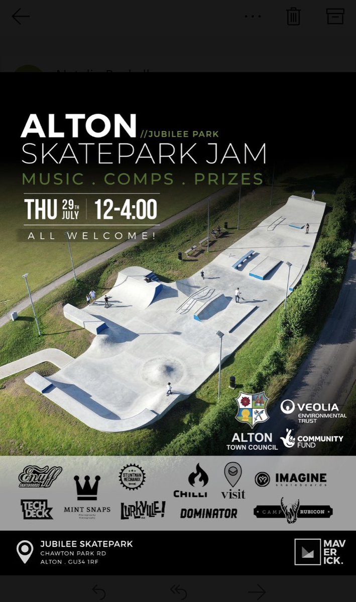 Alton Skatepark Jam
Jubilee Fields

Thursday 29th July 
From 12 - 4pm

All welcome!

maverickskateparks.co.uk/alton

Jubilee Skatepark
Chawton Park Rd
Alton
Hampshire
GU34 1RF
