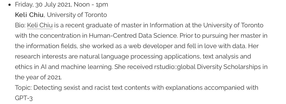 RohanAlexander's tweet photo. Toronto Data Workshop welcomes @KeliChiu this Friday at noon ET on detecting sexist and racist text with GPT-3. All welcome. Sign up for an invite here:
https://t.co/LBipcWCmU3 https://t.co/EmpnF5BYfJ