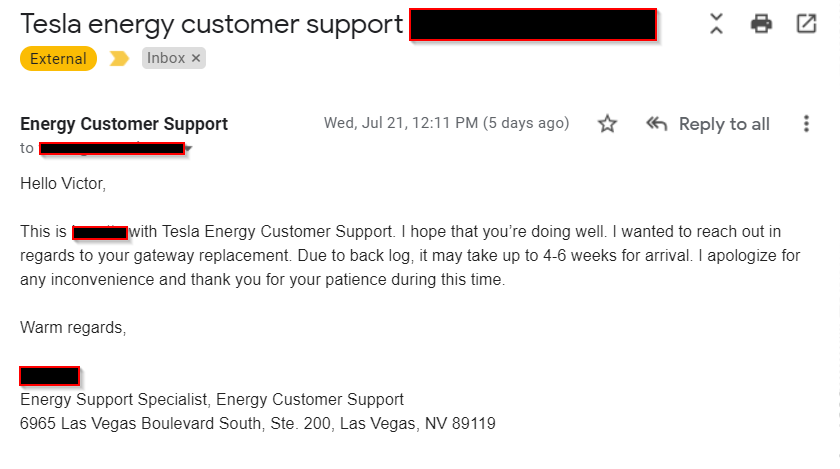 I responded to this email from #Tesla <a href="/Tesla/">Tesla</a> right away and for 5 days nothing. A gateway is a little black plastic device and without it your $11000 (installed price) #Powerwall won't work. <a href="/elonmusk/">Elon Musk</a> make premium support options, I'd pay for that. This though, just plain sux