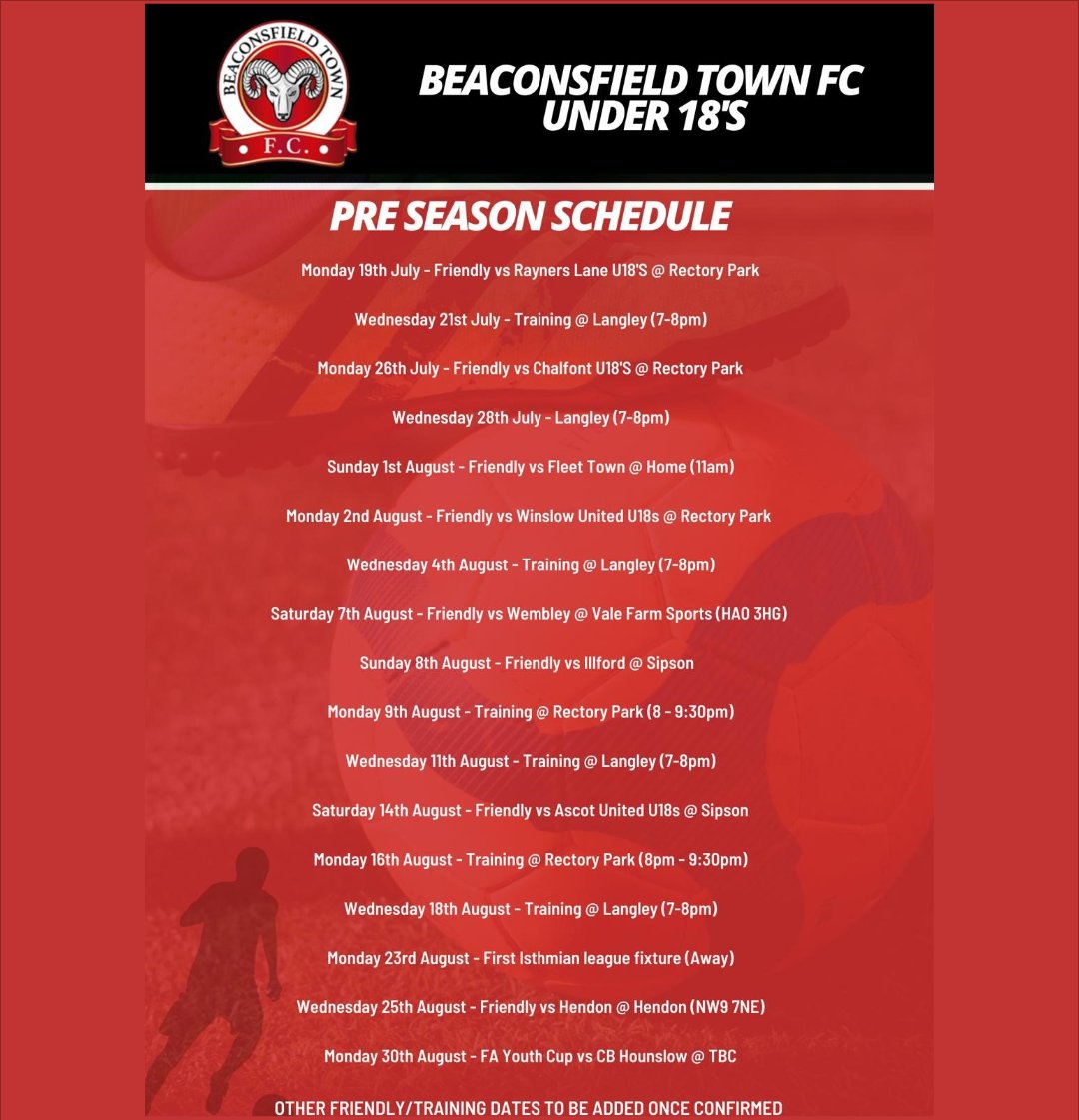 BEACONSFIELD TOWN FC UNDER 18'S PRE SEASON SCHEDULE

Our Under 18's team is off to a great start with their training and pre-season friendlies! Keep an eye on our website to find out results and other news soon! 👇

ow.ly/Xjnk50FDCAB