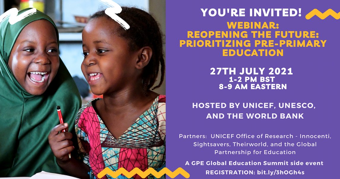 WBG_Education's tweet photo. Join Us! 

@UNICEFEducation @UNESCO @WBG_Education invites you to a webinar on ‘Reopening the Future: Prioritizing pre-primary education’. https://t.co/YVkd5cLtsU  

#ReopeningTheFuture #InvestInECE #ECEforAll https://t.co/FyWCglZ0NB