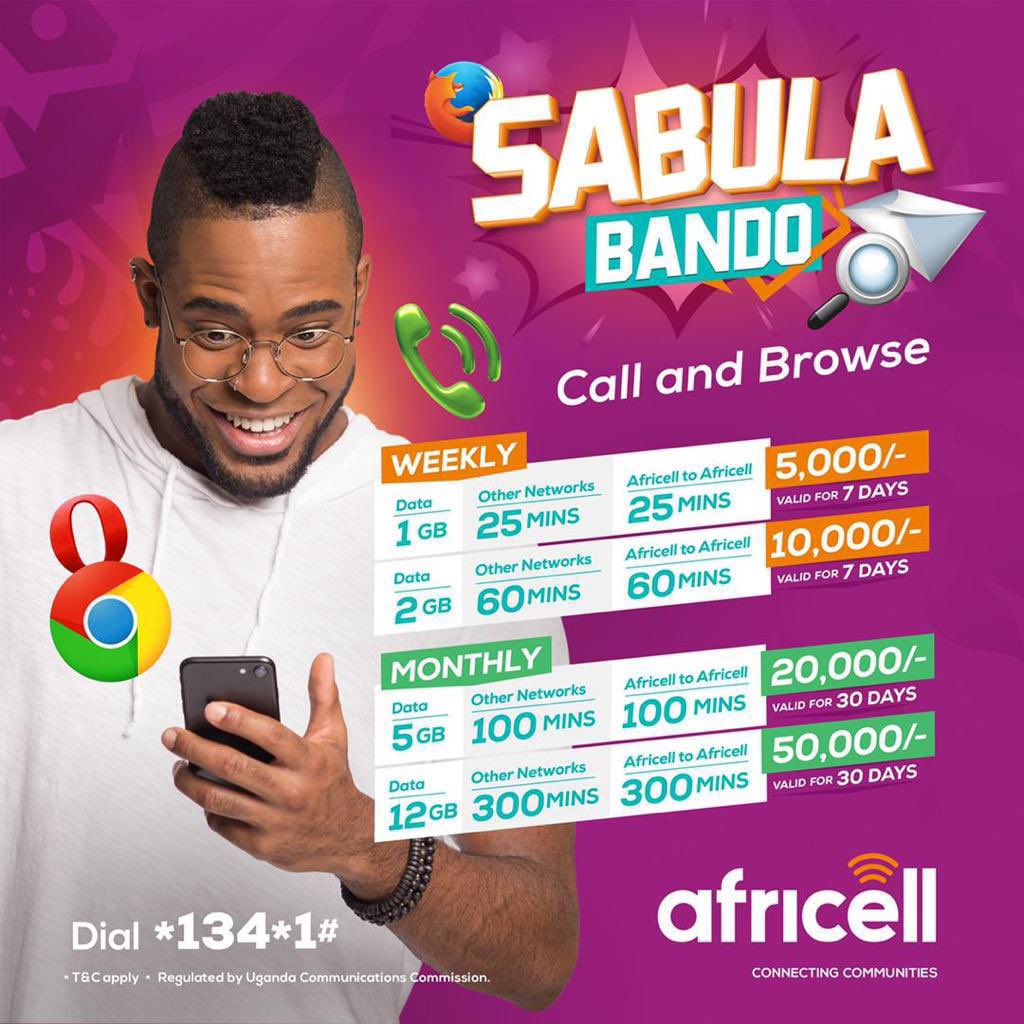 #AfricellUG keeps giving you more and better offers. Call and browse using the #AfricellSabula Bando. Dial *134*1# to activate now