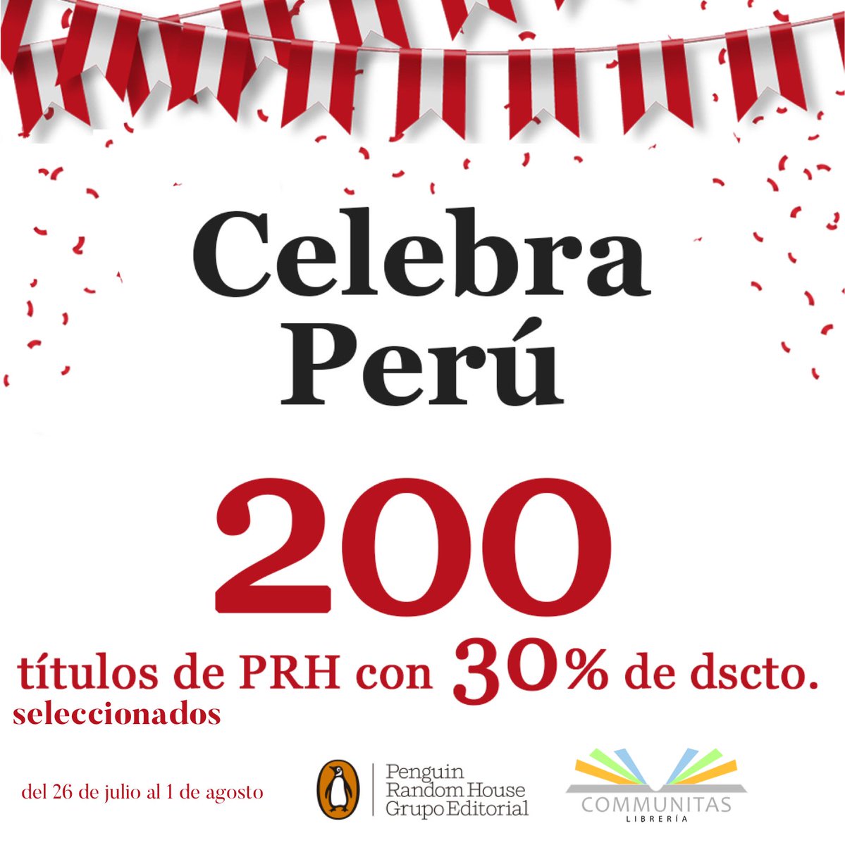 libercommunitas's tweet image. ¡Oferta!
Celebra Perú 🇵🇪, 200 títulos seleccionados de @penguinlibrospe Penguin Perú con 30% de descuento. Del 26 de julio al 1 de agosto. 

¡No te los pierdas! 

communitas.pe/es/ofertas

#oferta #libreriacommunitas