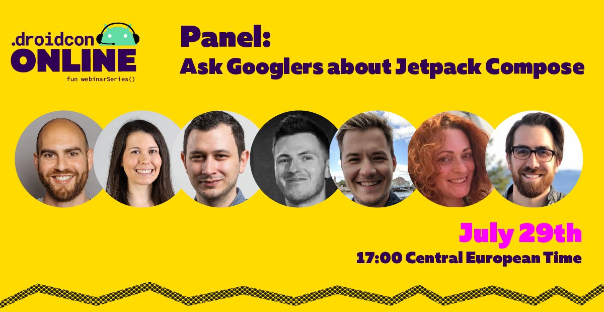 droidcon (@droidcon) on Twitter photo Something special coming up this week! Join us in our #PanelDiscussion and ask #Googlers all your burning questions about #JetpackCompose.
Register for free: online.droidcon.com/jetpack-compos…
Panelists: <a href="/crafty/">Nick Butcher</a> <a href="/clarabayarri/">Clara Bayarri</a> <a href="/chrisbanes/">Chris Banes</a> <a href="/dr0nequeen/">Anna-Chiara Bellini</a> <a href="/intelligibabble/">Leland Richardson</a> <a href="/nosuid/">Diego Perez</a> <a href="/matvei_jj/">Matvei Malkov</a> Something special coming up this week! Join us in our #PanelDiscussion and ask #Googlers all your burning questions about #JetpackCompose.
Register for free: online.droidcon.com/jetpack-compos…
Panelists: <a href="/crafty/">Nick Butcher</a> <a href="/clarabayarri/">Clara Bayarri</a> <a href="/chrisbanes/">Chris Banes</a> <a href="/dr0nequeen/">Anna-Chiara Bellini</a> <a href="/intelligibabble/">Leland Richardson</a> <a href="/nosuid/">Diego Perez</a> <a href="/matvei_jj/">Matvei Malkov</a>