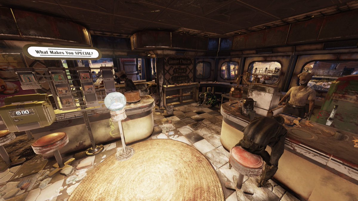 oOCapt_CanuckOo's tweet photo. Decided to find a diner to build in on my alt character. Pleased at the way its turned out. I prefer to build in existing locations and make it look like some one has just moved in. #Fallout76 #campbuilds https://t.co/N46kiDf7EY