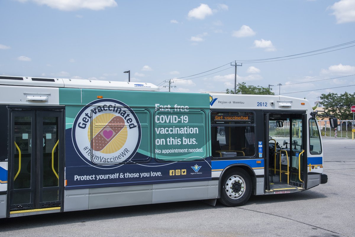 GRT_ROW's tweet photo. The first vaccine bus has hit the road! 
We’re incredibly proud of all the work that went into getting the bus ready to roll. The second bus is being being prepped now!
The vaccine buses will help bring vaccines to under-served areas in priority neighbourhoods. https://t.co/P5riVKizLk