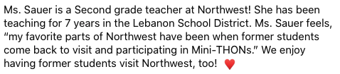Northwest_Elem's tweet photo. Meet Ms. Sauer, today’s featured Northwest Teacher! 👩‍🏫

Check out the images for more fun facts about Ms. Sauer, especially her favorite children’s book!  📚  #relentlesscultureofreading #cedarpride https://t.co/2VNdMD7C4T
