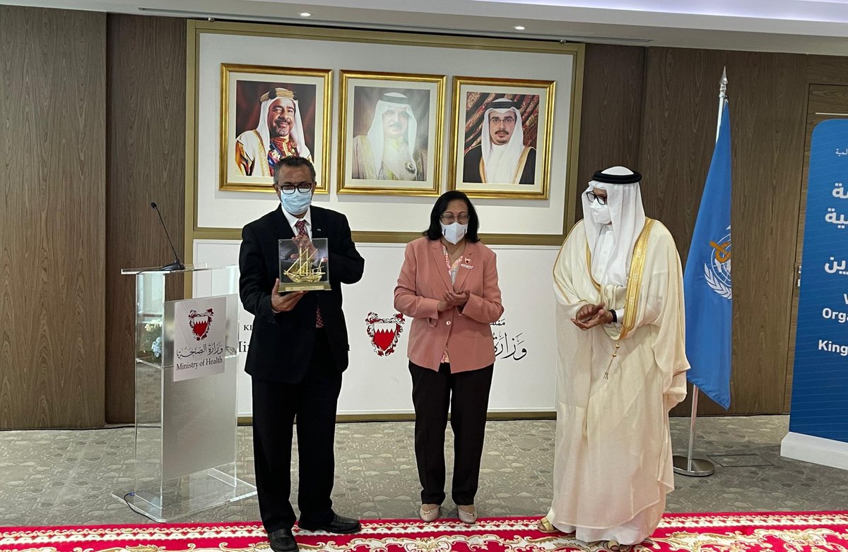 Very grateful to Abdullatif bin Rashid Alzayani, Minister of Foreign Affairs #Bahrain, for joining the official opening of the <a href="/WHO/">World Health Organization (WHO)</a> Country Office. I thanked him for his commitment to health and support to WHO. Together, for a healthier, safer, fairer world!