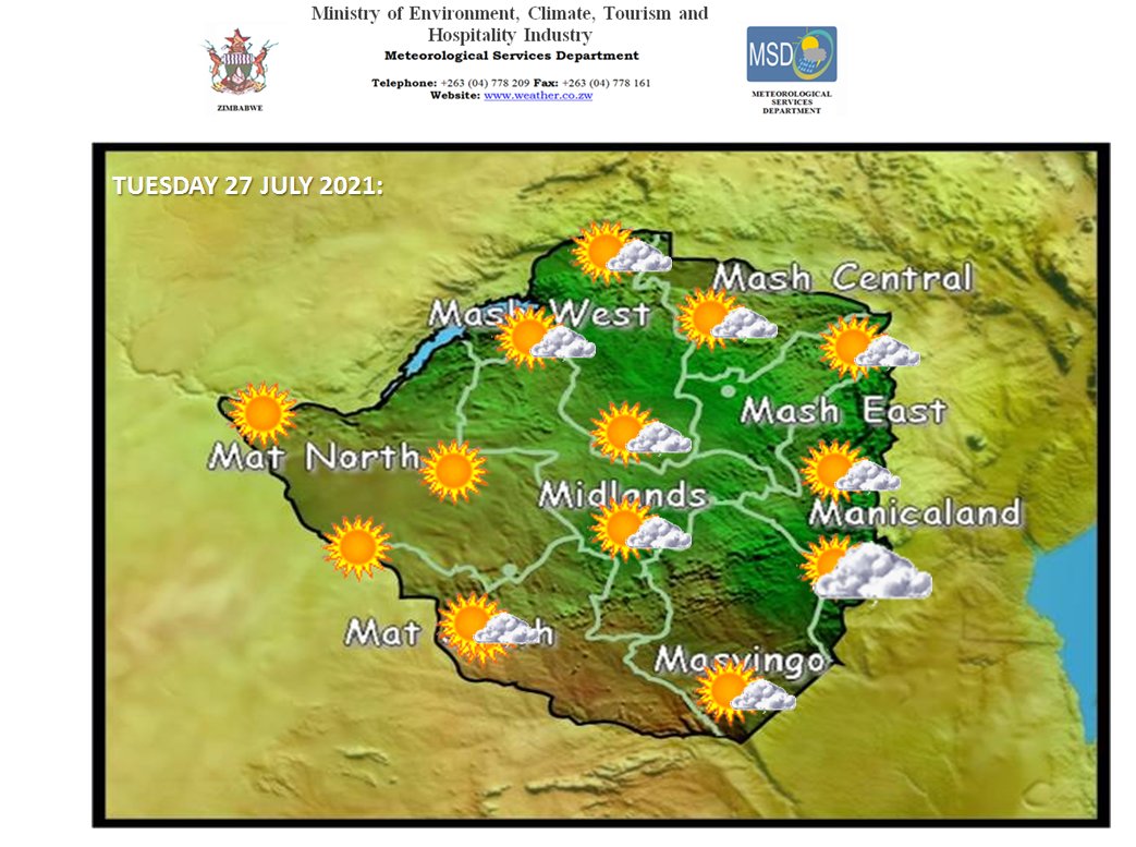 It should be partly cloudy and cold over Masvingo Manicaland and southern parts of Mashonaland East Province, becoming less cloudy and mild in the afternoon.