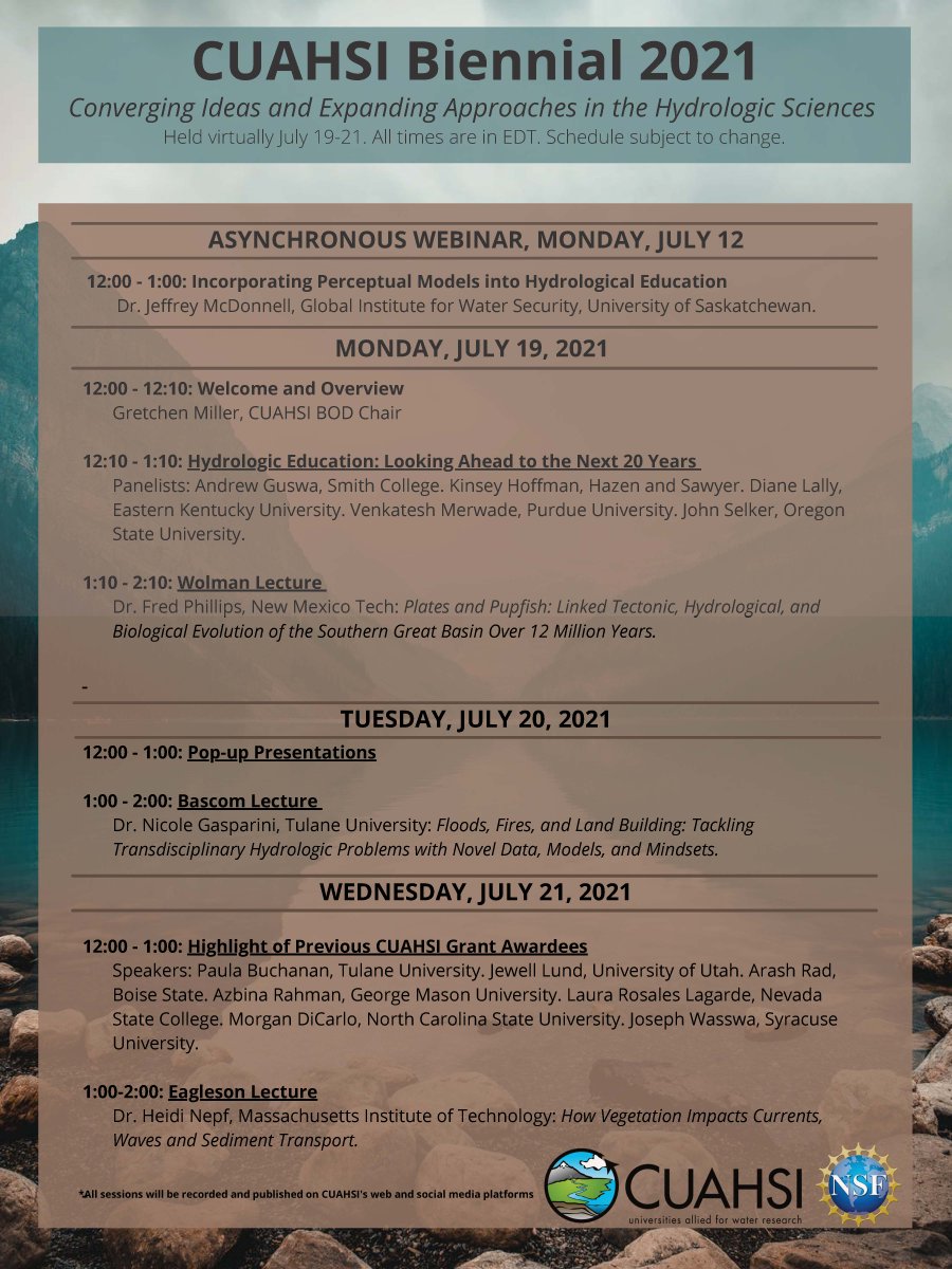 Last week CUAHSI held its 2021 Biennial Colloquium, Converging Ideas and Expanding Approaches in the Hydrologic Sciences, virtually. There were 7 sessions, which are now all available to view on our YouTube channel, to watch visit this link - ow.ly/QsZf50FDDnU