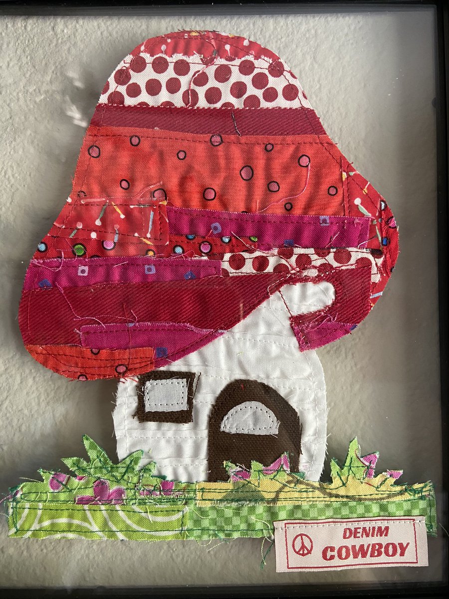 Denim Cowboy “Psychedelic Cowboy Mushroom House” 
Made From Leftover Scraps From Previous Projects 
9 in x 11 in
(Sold)
<a href="/Denimcowboyy/">Alex Urquiza</a>