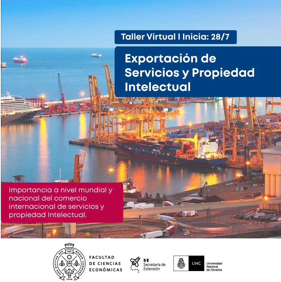 🌏¿Por qué es importante el mercado internacional de servicios y propiedad intelectual? 
📉Participá del taller sobre #ComercioExterior, a cargo del Mgter <a href="/cascotef/">Gustavo Fadda</a> y adquirí herramientas claves de intervención.

 🗓 28/7 de 17 a 21.
💻Insciribite en bit.ly/Curso-Comex