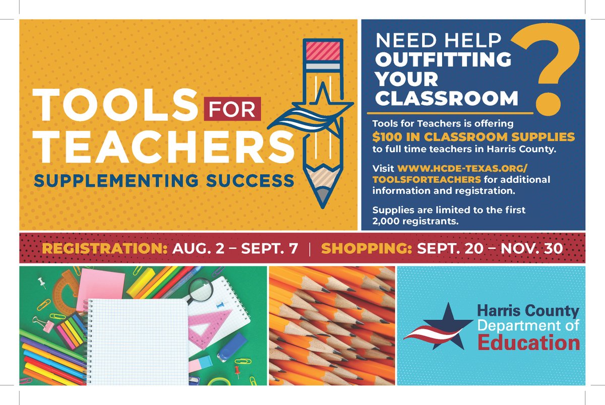 SpringISD's tweet photo. The Harris County Department of Education and Education Foundation of Harris County are giving 2,000 teachers a chance to win $100 worth of classroom supplies through a program called Tools for Teachers. Applications open on August 2. Read more: https://t.co/c2p3uqfhls https://t.co/q6chWA4kIl