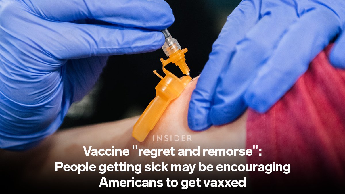 Graphic shows an image of a vaccine with overlaying text that reads: "Vaccine "regret and remorse": People getting sick may be encouraging Americans to get vaxxed."
