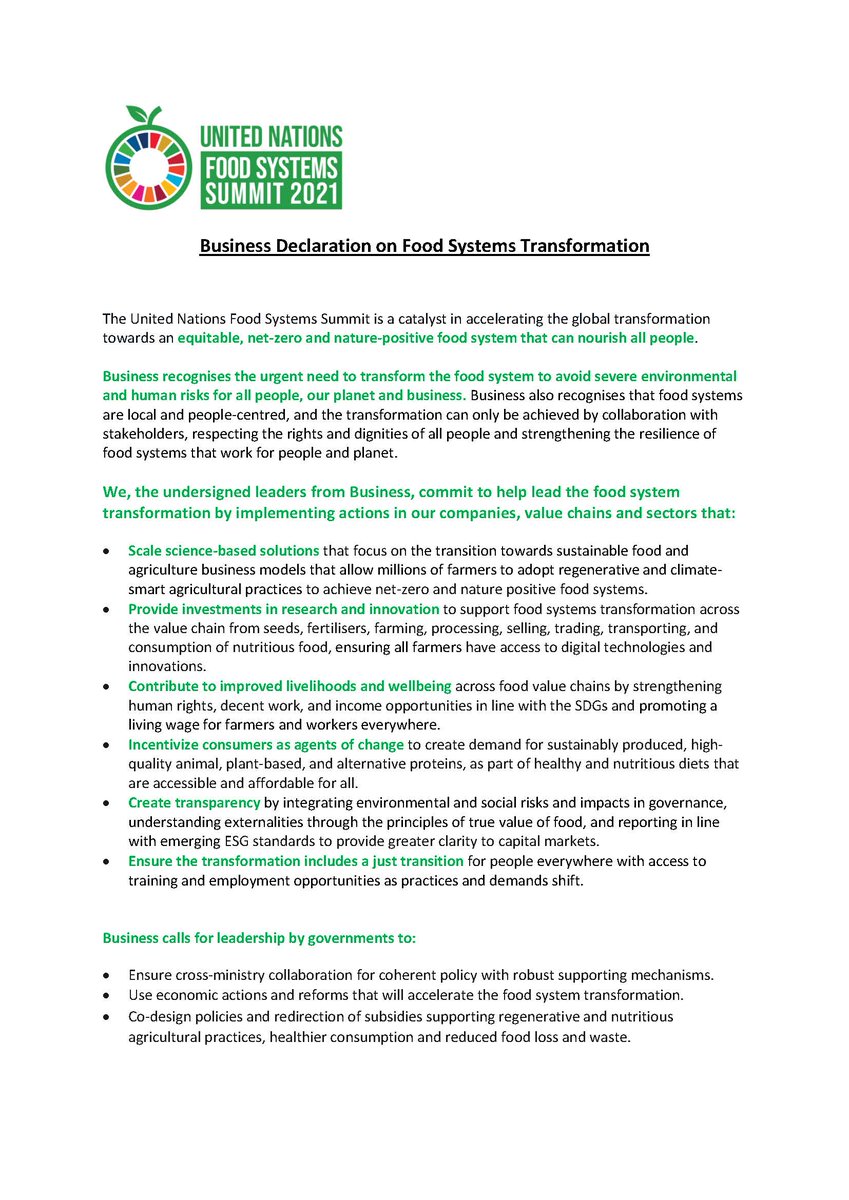 📢 I signed the UN Business Declaration on Food Systems Transformation <a href="/FoodSystems/">UN Food Systems Coordination Hub</a>. 
We have a responsibility as business leaders to lead the food system transformation by implementing actions in our companies, value chains and sectors.
#ClimatAction 🌍