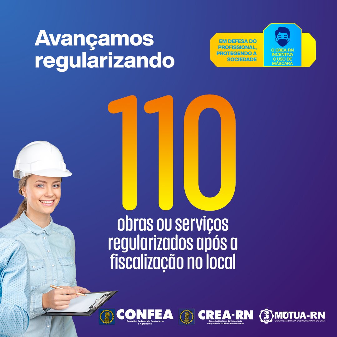 RN_CREA's tweet photo. No mês de junho foram 496 visitas de fiscalização realizadas,110 obras ou serviços regularizados, 56 autuados por exercício ilegal e 6 empresas por descumprimento ao piso salarial. É o CREA-RN avançando forte em defesa dos profissionais e da nossa sociedade. 
 #crearn https://t.co/3fZFVmG7mT