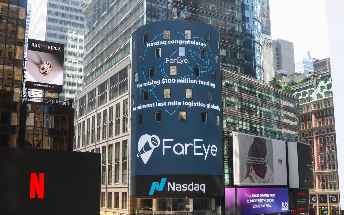 3 friends study engg @ KIIT. They dream to build a startup. KIIT's Biz Incubator gives them place. Angel investors Debu Patnaik &amp; Purna Mohanty write a cheque. FarEye is born. Set to be the next Unicorn from India. Look at them! Times Square, NASDAQ! Folks, keep an eye on FarEye.