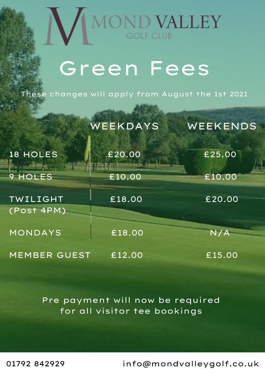 mondvalleygolf's tweet photo. ⛳️ Green fee changes.
🗓 Take effect from Aug 1st.
📲 Online booking available.
📞 Alternatively call to pay.
https://t.co/QnHnIouySj
#MVGC https://t.co/NwVqB9TOP8