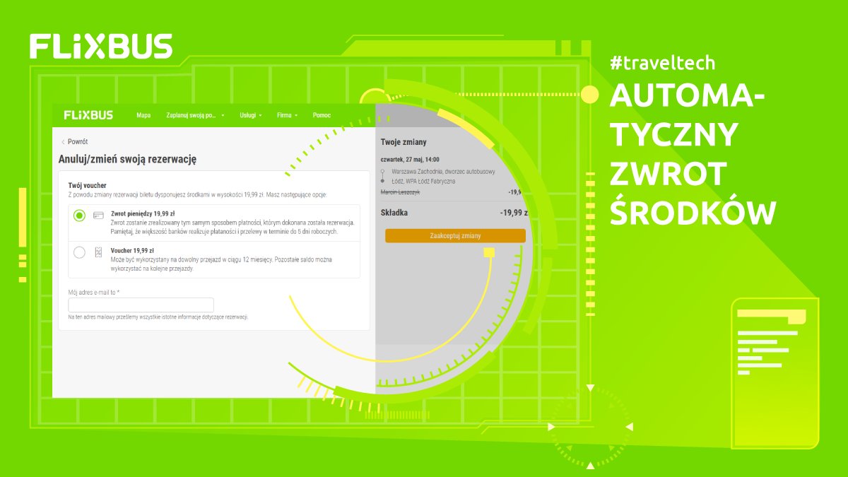 FlixBus_PL's tweet photo. Dziś w cyklu #FlixTechMonday przedstawiamy:
#FlixTech 3: Automatyczny zwrot środków.
Zdarza się, że nagle dochodzi do zmiany planów i.... co wtedy?
➡️Wybierz opcję „Zarządzaj moją rezerwacją”
➡️Jednym kliknięciem zleć zwrot środków na konto za niewykorzystany bilet💸 https://t.co/lLkRqgjmNz